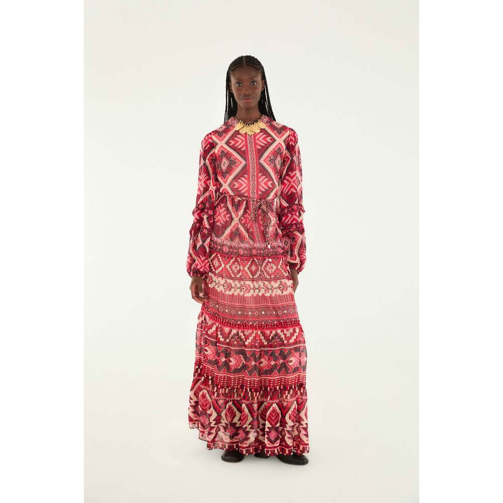 Red Graphic Ainika Belted Tiered Maxi Dress